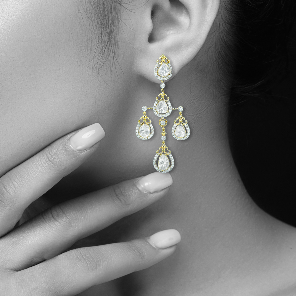Cascading Polki Diamond Earrings with Delicate Halo Design